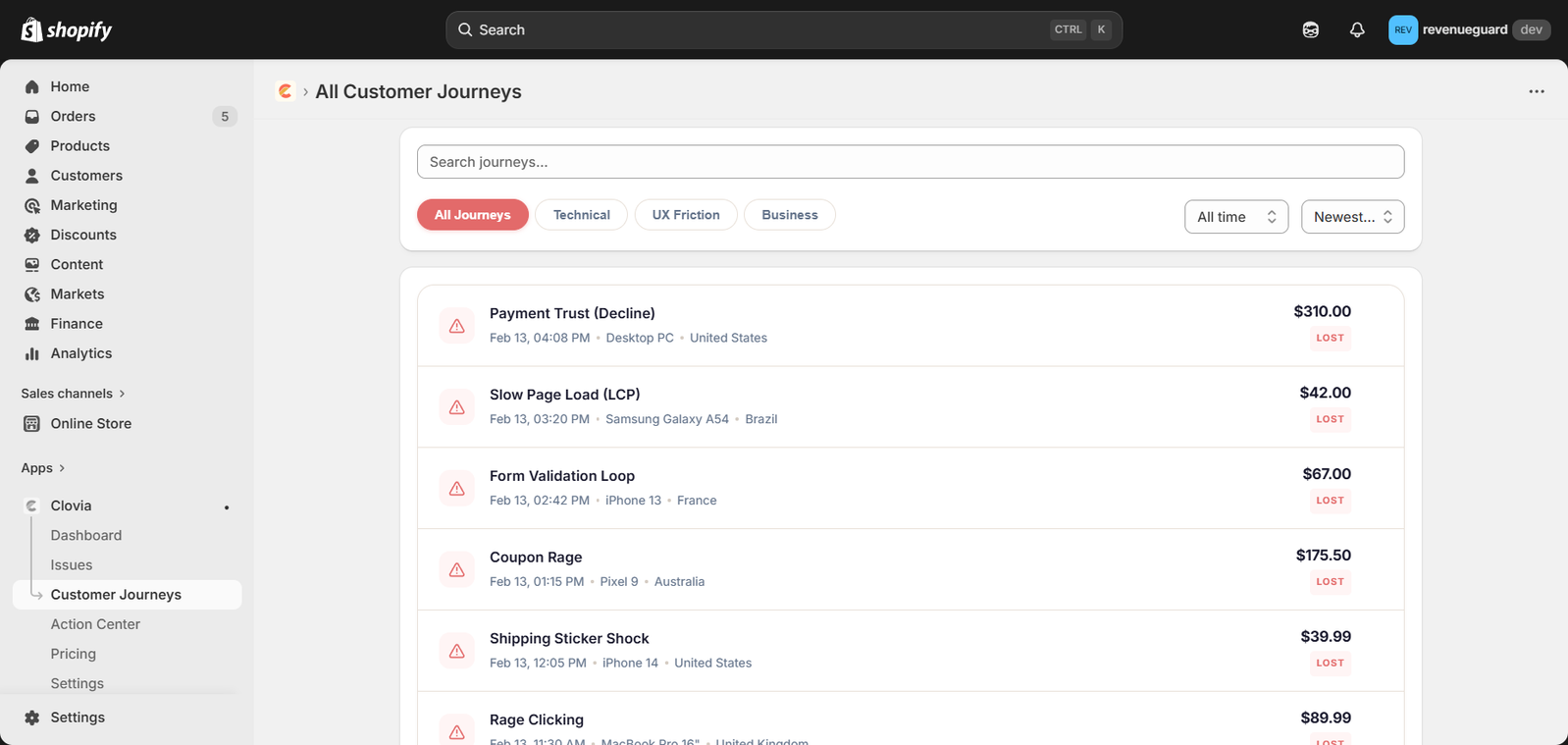 Clovia customer journeys list showing abandoned checkouts with root causes