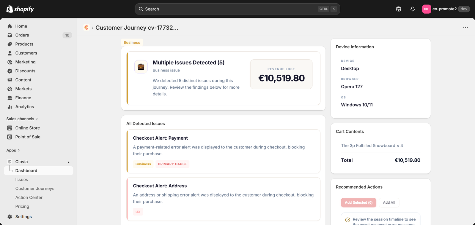 Clovia journey investigation showing detected issues, device info, and cart contents