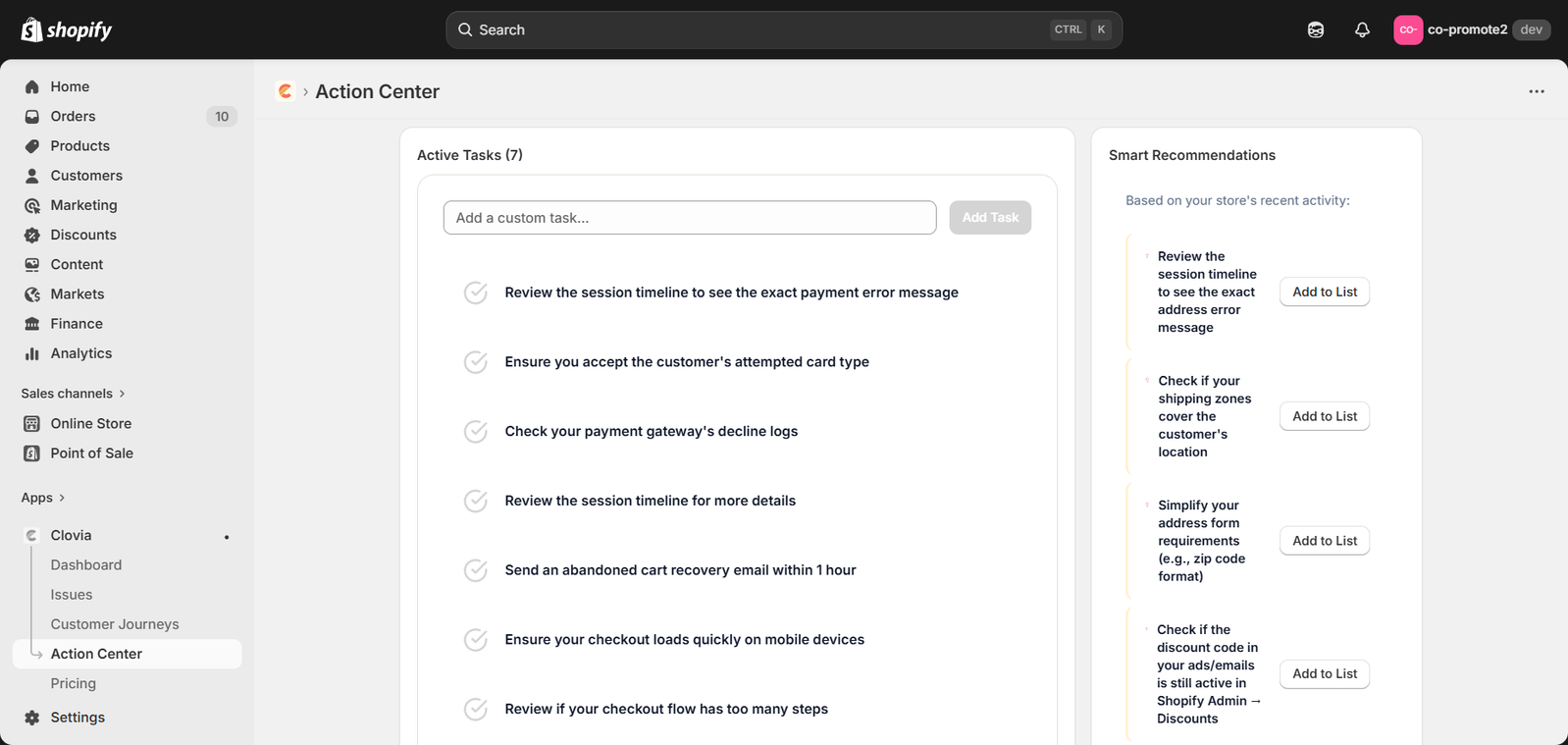 Clovia Action Center with tasks and recommendations