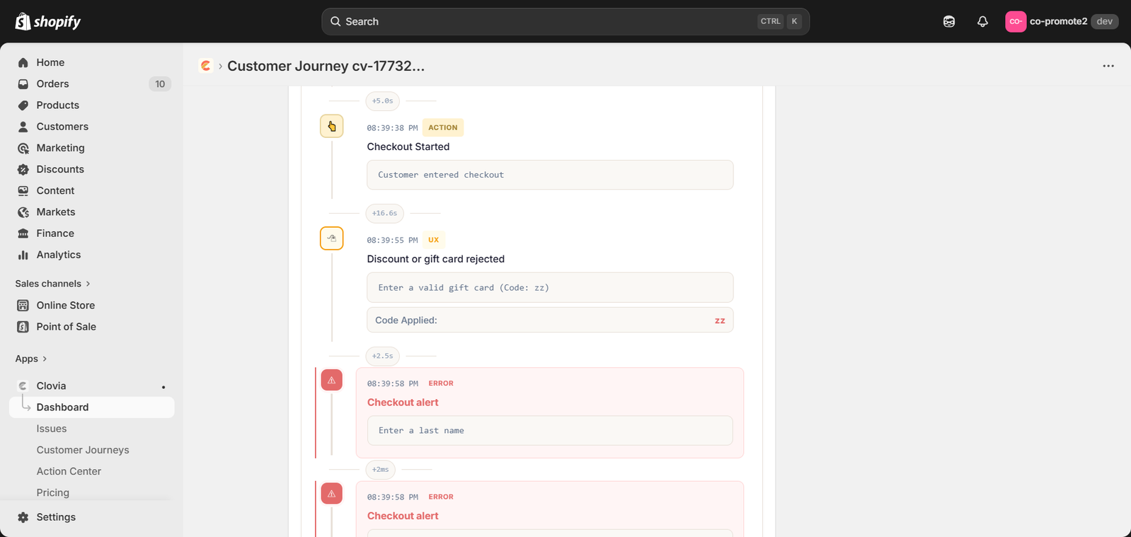 Clovia session timeline showing checkout events with timestamps and severity